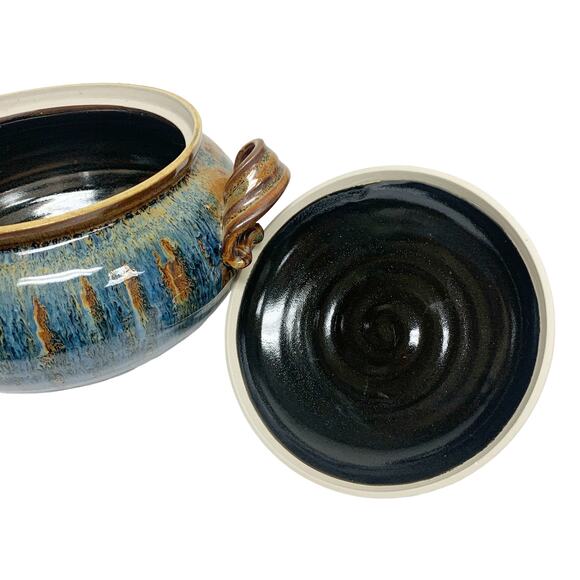 Artist Signed oRuchat Blue Brown Decorative Glazed Ceramic Lidded Pottery - Picture 5 of 10